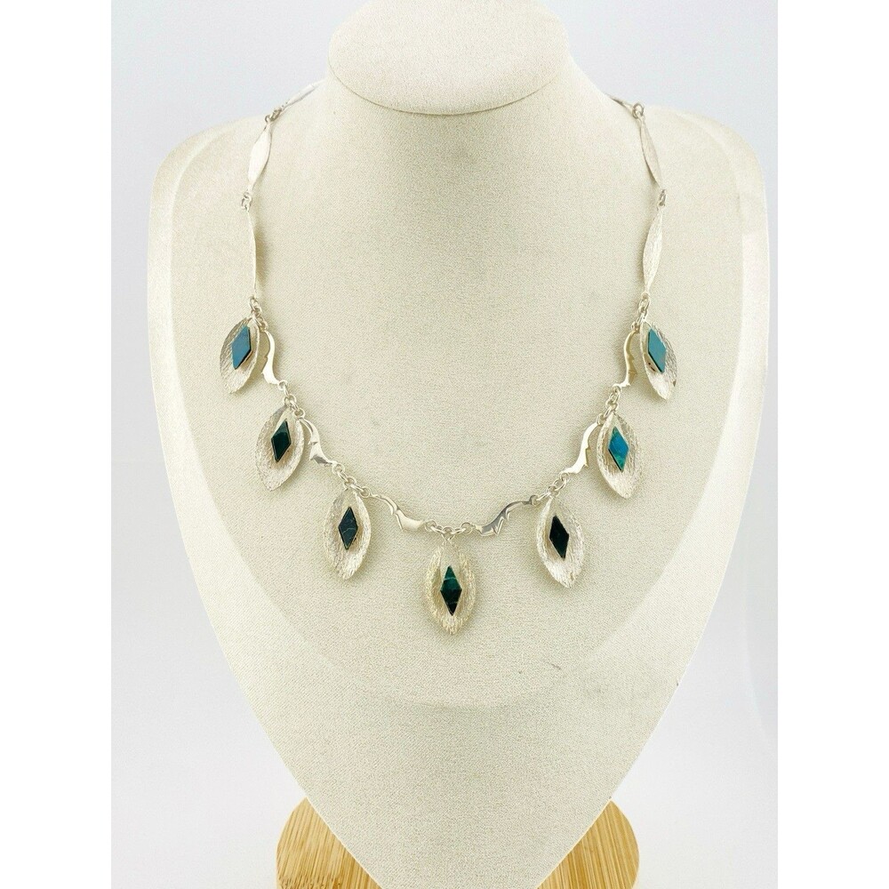 Modernist Sterling Silver Malachite Necklace Artisan Studio Jewelry 17 In